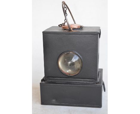 British Rail (M) oil signal lamp circa 1950s, clear glass dome lens with 2 red glass side panels, marked Sherwood on wick rai