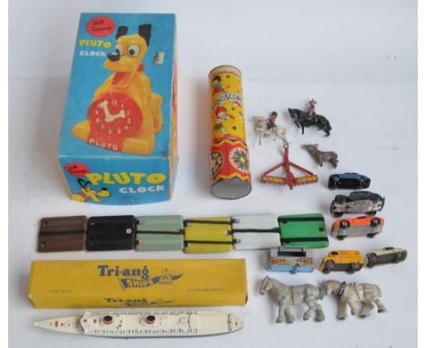 Vintage boxed American made Walt Disney "Pluto Clock" (late 1950's, A/F missing clock hands), a boxed tri-ang Minic diecast R