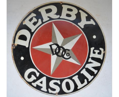 Circular plate steel enamel advertising sign for Derby Gasoline. D55.5cm 