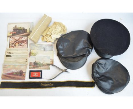 Collection of vintage railway tickets, 3 uniform hats, an Inspectors cap band, a pair of ticket nippers and postcards 
