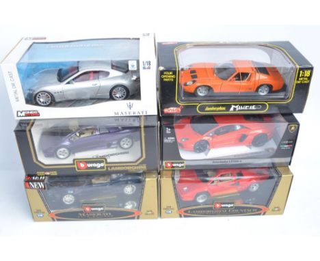 6x boxed diecast 1/18 scale Lamborghini and Maserati car models to include Burago Maserati 3200 GT (1998) and Mondo Gran Turi