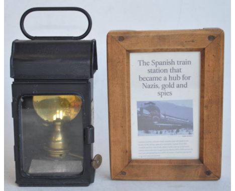 World War II, Third Reich Spanish paraffin fed railway lantern with brass plague to side stamped Canfranc Bahnof (Canfranc ti