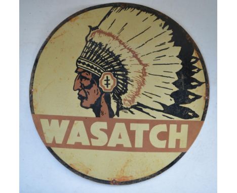 Circular plate steel enamel advertising sign for Wasatch (Gasoline Company) D61.1cm 