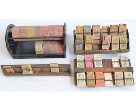 Collection of vintage bus tickets (to include rolls), a metal ticket drum holder and 3 wooden ticket racks. (4) 