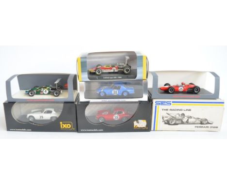 Seven 1/43 scale diecast racing car models to include IXO, Spark Models, Atlas and an SMTS Ferrari 312B (rear spoiler needs r