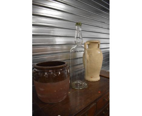 A large vase, a ceramic grain bin and a decanter bottle