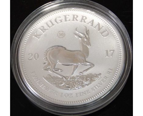 South Africa, 2017 50th Anniversary silver proof Krugerrand, obv; portrait of Stephanus Johannes Kruger, rev; springbok divid