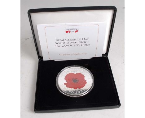 Great Britain, Jubilee Mint, Remembrance Day 5oz silver proof coloured coin, boxed with certificate. (1)