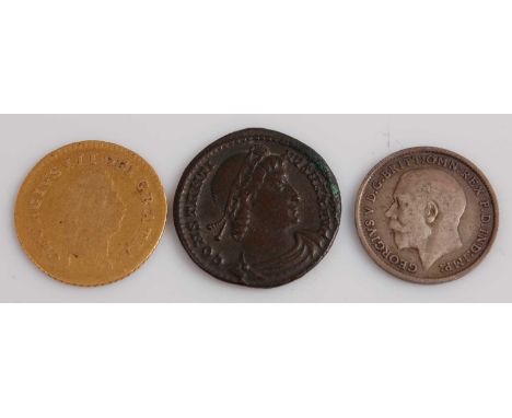 Great Britain, 1798 gold 1/3 guinea, George III laureate head, rev; crown above date, together with a Constantine the Great (