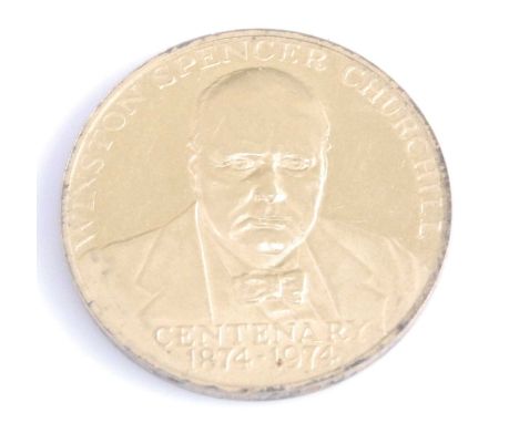 Great Britain, 1974 Sir Winston Churchill commemorative gold coin, obv; portrait of Churchill above dates 1874-1974, rev; var