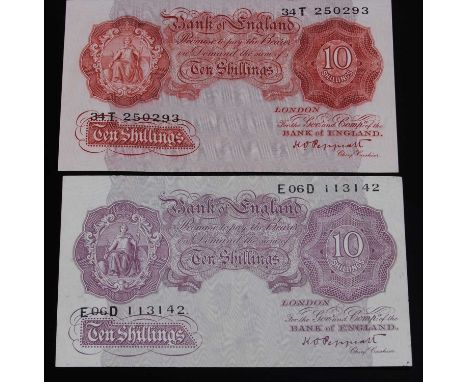 Great Britain, Bank of England notes to include Ten Shillings (red) B236 Chief Cashier K. Peppiatt, Ten Shillings (mauve) B25