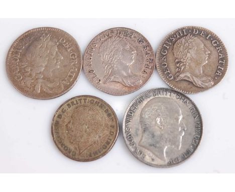 Great Britain, 1678 four pence, Charles II, rev; crowned interlocking C's, date divided by crown, together with three silver 