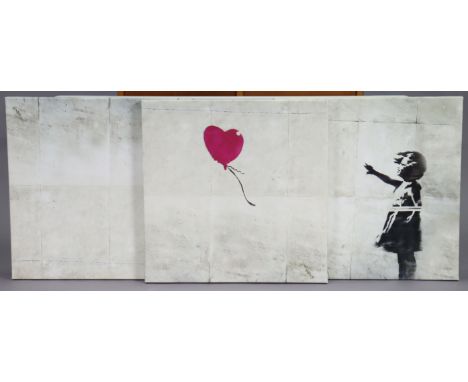 A Banksy Triptych print on canvas – Balloon Girl, each canvas, 30”x30”, and eleven “cargo” white glazed teacups and saucers.