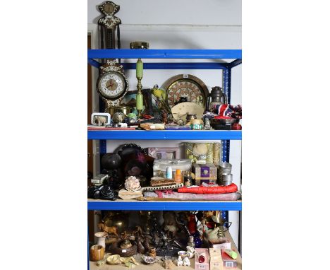 An eastern coppered and silvered-metal engraved tray, 13¼” diameter, a modern wall barometer, various cosmetics, etc.