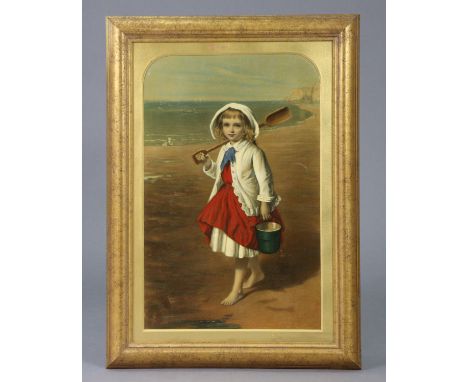 An oleograph-type textured coloured print of a girl on a bench holding bucket &amp; spade, in gold-painted rectangular frame;