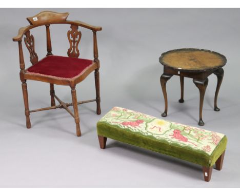 A late 19th century inlaid-beech corner elbow chair with a padded seat, and on ring-turned legs with diagonal stretchers, tog