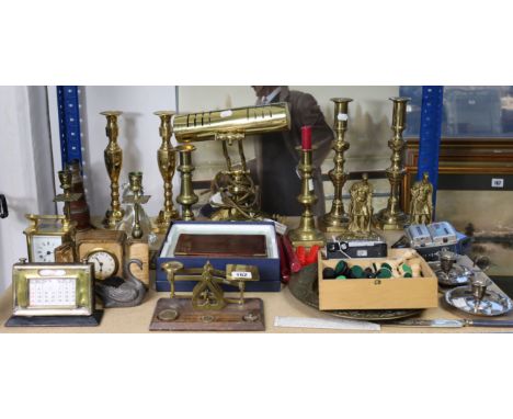 A brass carriage clock; a set of vintage letter scales; three pairs of brass candle sticks; &amp; various other items of meta