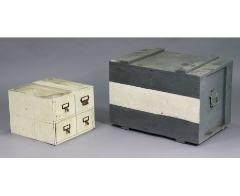 A light grey and white painted deal storage trunk with a hinged lift-lid, and with wrought-iron side handles , 27¼” wide x 19