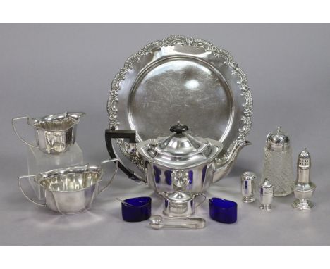 Four various silver condiments; a silver-plated three-piece tea service; &amp; various other items of platedware.