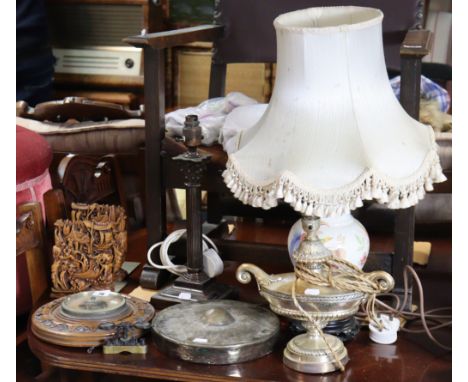 A mid-20th century Holosteric barometer in a carved walnut case, 9” diameter; together with two table lamps; a pair of carved