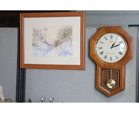 Five decorative pictures; a battery-operated wall clock; various decorative ornaments, etc.