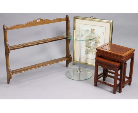 An oak wall-mounted plate-rack, 34½” wide x 29½” high, together with a nest of two rectangular occasional tables, a glass and