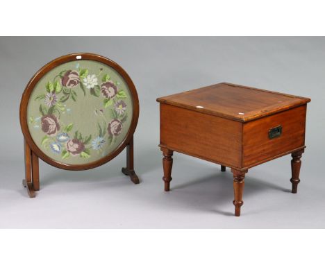 A mahogany box-commode with a hinged lift-lid, &amp; on four baluster-turned legs (with liner), 22” wide x 16” high; &amp; a 