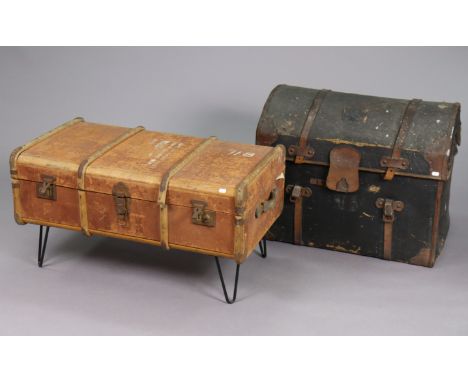 An early 20th century fibre-covered travelling trunk (converted to a coffee table), 36” wide x 19¼” high; &amp; a domed-top f