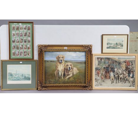An oil painting on canvas of two golden retrievers in a rural landscape, signed Brookes &amp; Davies &amp; dated ’93, 16” x 2