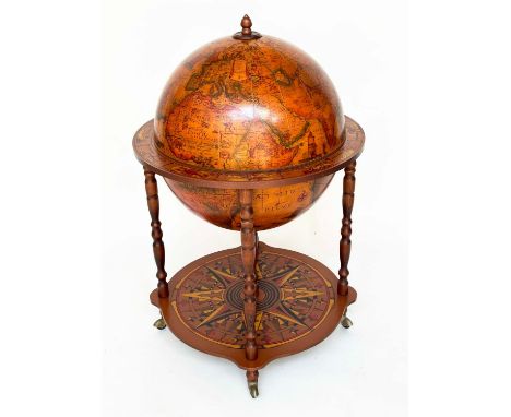 GLOBE COCKTAIL CABINET, in the form of an antique terrestrial globe with rising lid and fitted interior, 95cm H.
