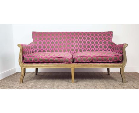 SOFA, Regency style with silvered/gilt frame and pink and brown upholstery, 94cm H x 180cm D x 72cm D.