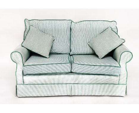 SOFA, two seater Howard style with ticking upholstery and scroll arms.