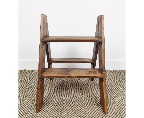 WOODEN STEP LADDER, vintage style with champagne label decoration, 60cm H x 43cm W.