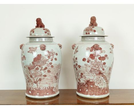 TEMPLE JARS, a pair, Chinese style red and white ceramic, 64cm H. (2)