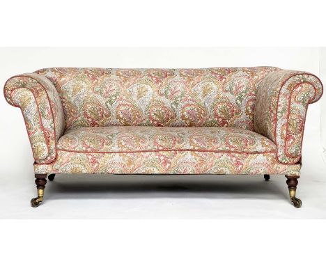 SOFA, 19th century Victorian with Liberty of London, paisley upholstery with twin drop arms and turned tapering supports, wit