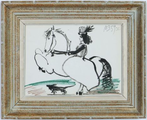 AFTER PABLO PICASSO, Woman on horseback with dog, off set lithograph, suite: Toros, French vintage frame, 36.5cm x 26cm.