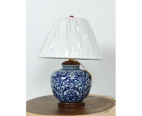 LAUREN RALPH LAUREN HOME TABLE LAMP, blue and white ceramic, with shade, 49cm H approx.