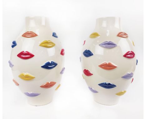 VASES, a pair, glazed ceramic with repeating lips design, 40cm H x 24cm W. (2)