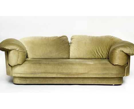 HEALS SOFA, soft moss green velvet upholstered, with outswept cushion arms, 234cm W.