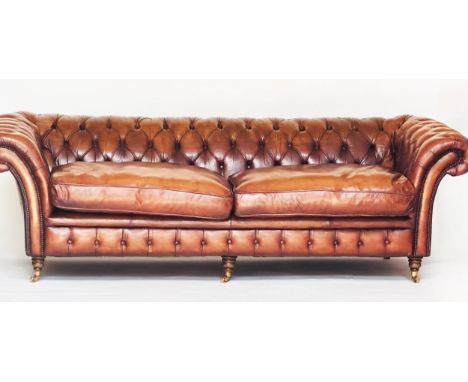 CHESTERFIELD SOFA, traditional brass studded and deep buttoned natural antique soft hand finished tan brown leather upholster