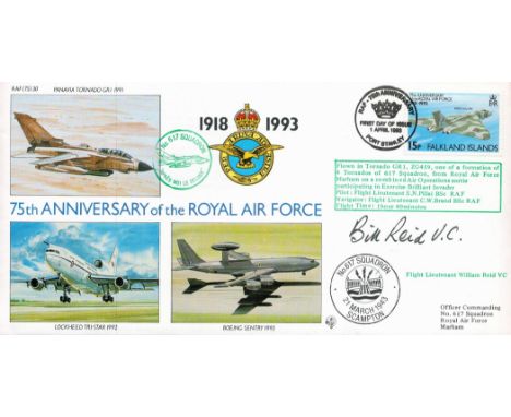 Bill Reid VC Handsigned 75th Anniversary of the Royal Air Force FDC. RAF(75)30. Flown in Tornado GR1. 15p Falkland Islands St