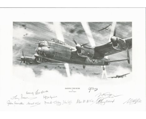 Multi Signed Nicolas Trudgian black and white pencil drawn 17x12 Print Titled Raiding The Ruhr. Artist Proof Copy 8/15. Hands