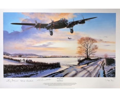 Stephen Brown Multi Signed Colour 28x19 Print titled Welcome Home. Limited Edition 29/225. Handsigned in pencil by Squadron L