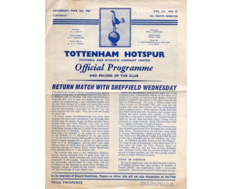 Tottenham Hotspurs FC Vintage Football Programme Vs Sheffield Wednesday on Saturday 5th March 1960. Good condition. All autog