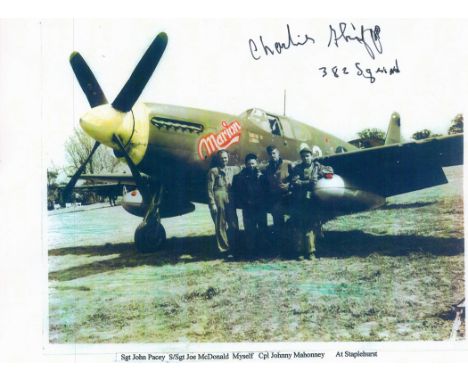 WW2 US fighter ace Charles Schiff 382 Sqn Staplehurst signed 6 x 5 colour photo. Photo shows Schiff alongside 3 other Soldier