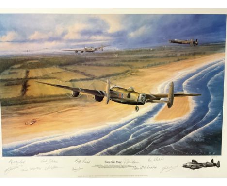 M Kinnear Multi Signed Colour 27x20 Print Titled Enemy Coast Ahead Limited Edition 17/500. Handsigned in Pencil by Bill Reid,