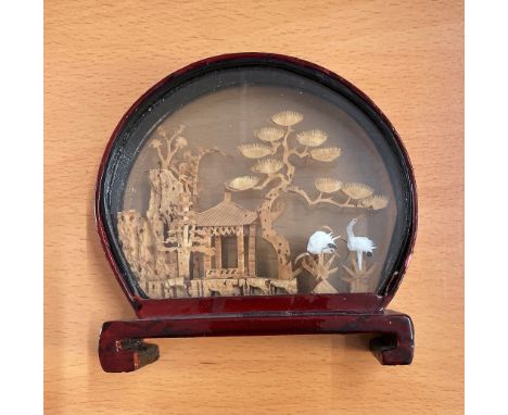 Vintage Chinese Cork Landscape Carving With Cranes and Pagoda. 4inches in height. 4 inches wide. Set within a Mahogany colour