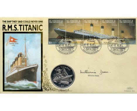 Millvina Dean Signed RMS Titanic Benhams Cover with RMS Silver Titanic $5 Coin. 5 St Vincent and The Grenadines Stamps and 3 
