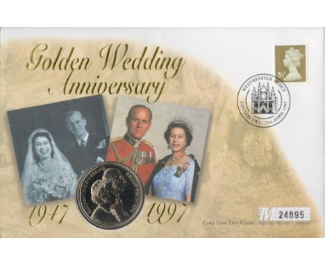 Golden Wedding Anniversary 1947-1997 Coin First Day Cover showing 20th November £5 coin. Westminster Abbey 21st April 1997 St