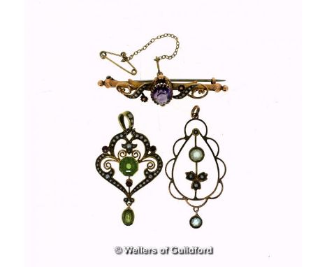 Amethyst and seed pearl bar brooch, with safety chain, mounted in 9ct yellow gold,  a peridot, seed pearl and red stone set p